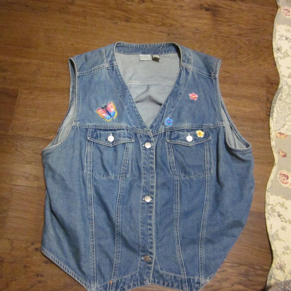 Vtg midwest trading cottage core denim vest butterflies flower embroidery 22 w